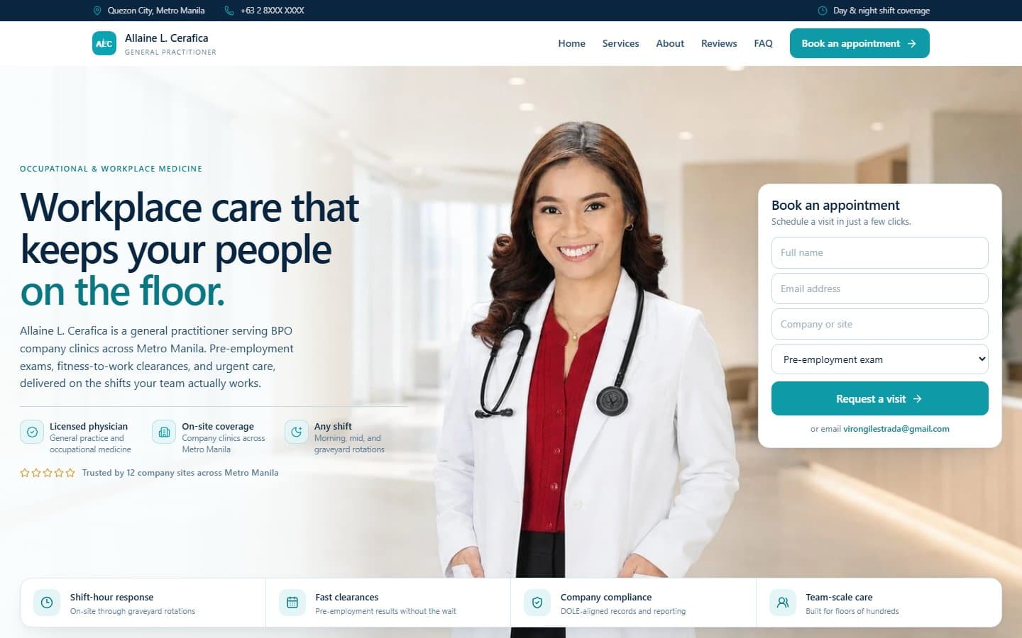 Allaine L. Cerafica physician site: a doctor in a clinic behind the headline "Workplace care that keeps your people on the floor"
