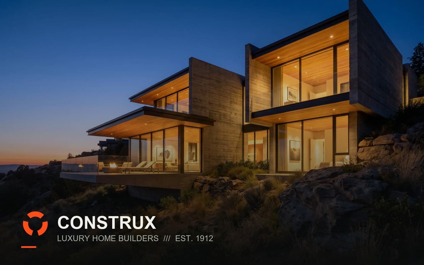 CONSTRUX luxury home builder site: a night construction scene behind a giant BUILD wordmark