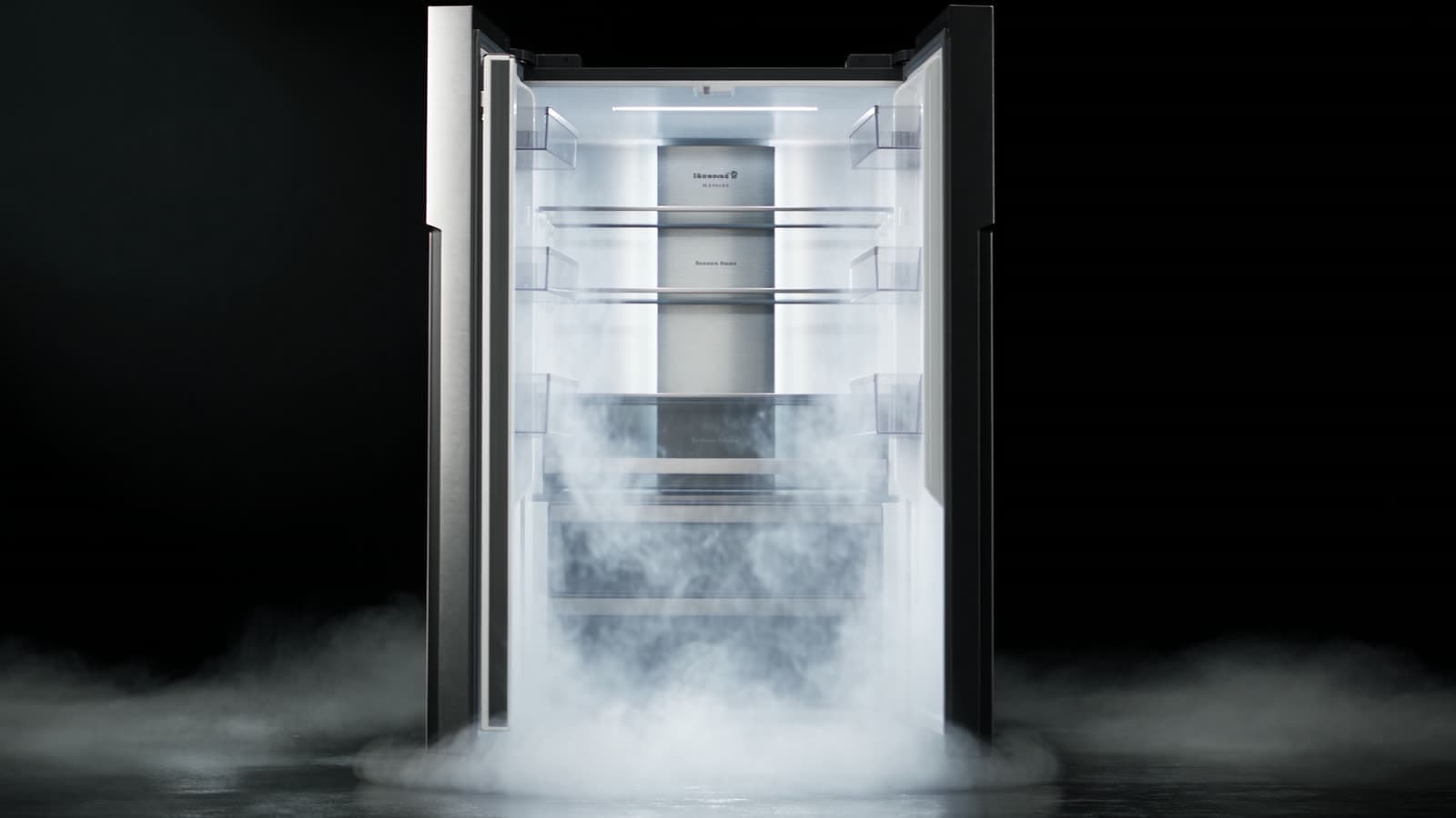Refreezerator product site: the cabinet doors standing open with cold vapour pouring across the floor