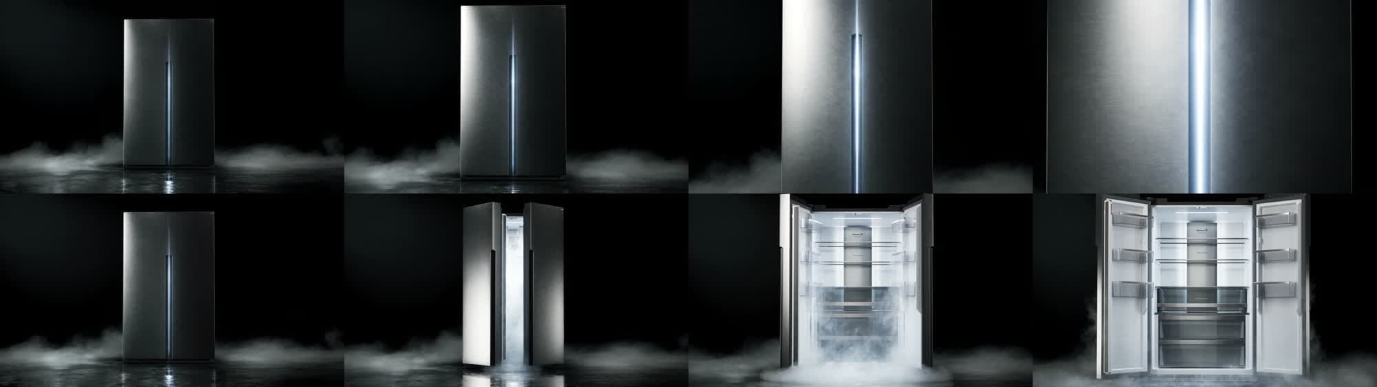 Eight frames from the two scroll acts: the camera pushing in on the closed cabinet, then the doors opening with vapour pouring out